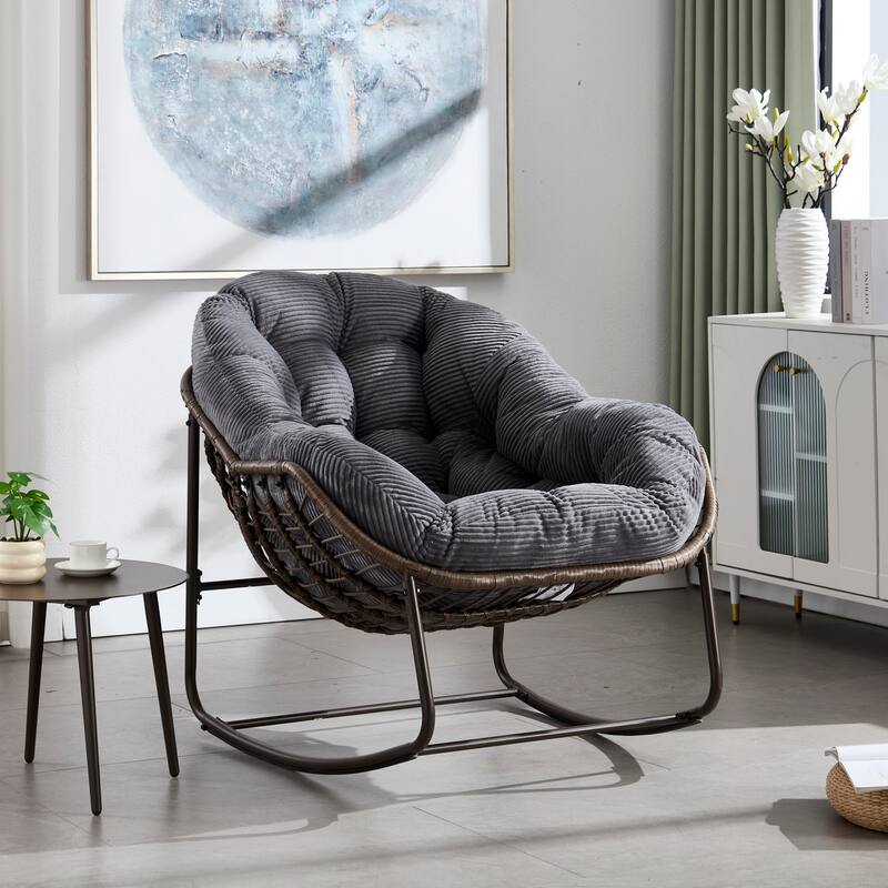 Velvet Rocking Chair with Faux Fur and Steel Frame - 43.70"D x 37.20"W x 31.50"H