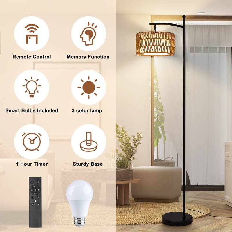 Netin 66" Boho Rattan & Fabric Shades Floor Lamp, Adjustable 3 Color Temperatures with Remote - Black