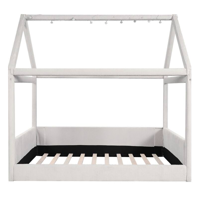 Full Size Upholstered House Daybed with LED Light Strips, Modern House Floor Bed Montessori Bed with Roof Design for Kids