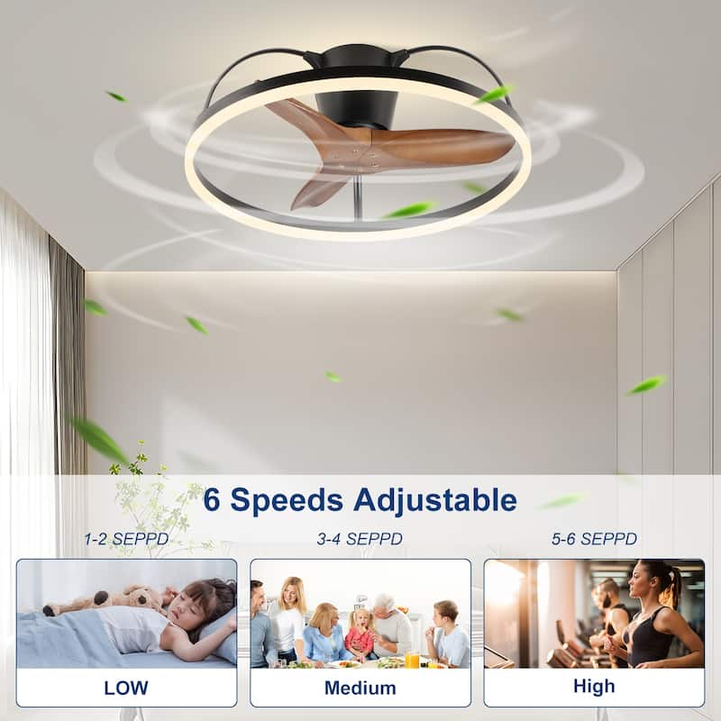Solid Wood Blade Ceiling Fan with Light and Remote 24in Low-Profile Design,3000-6000K Dimmable Modern Flush-Mount LED Fan Light