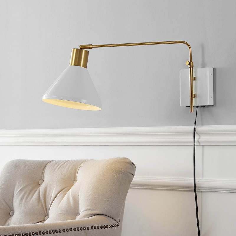Justina Swing Arm 1-Light Modern Midcentury Iron USB Charging Port LED Sconce, by JONATHAN Y