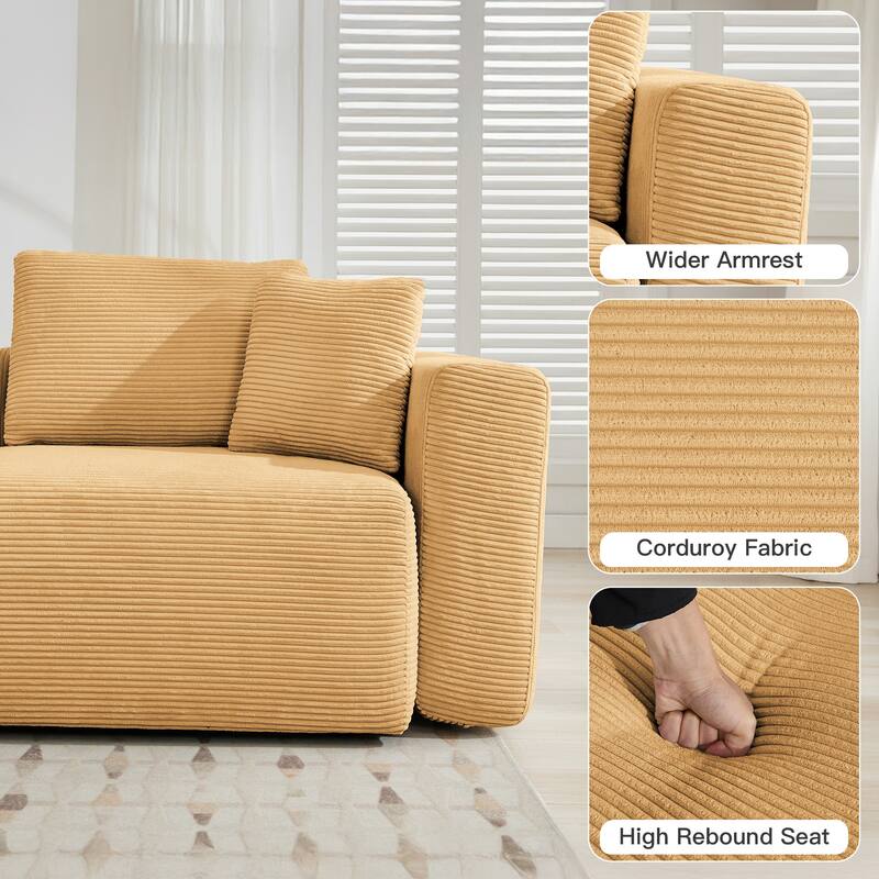 Corduroy Single Sofa Chair with a Large Ottoman, Square Arms & Ottoman Extension