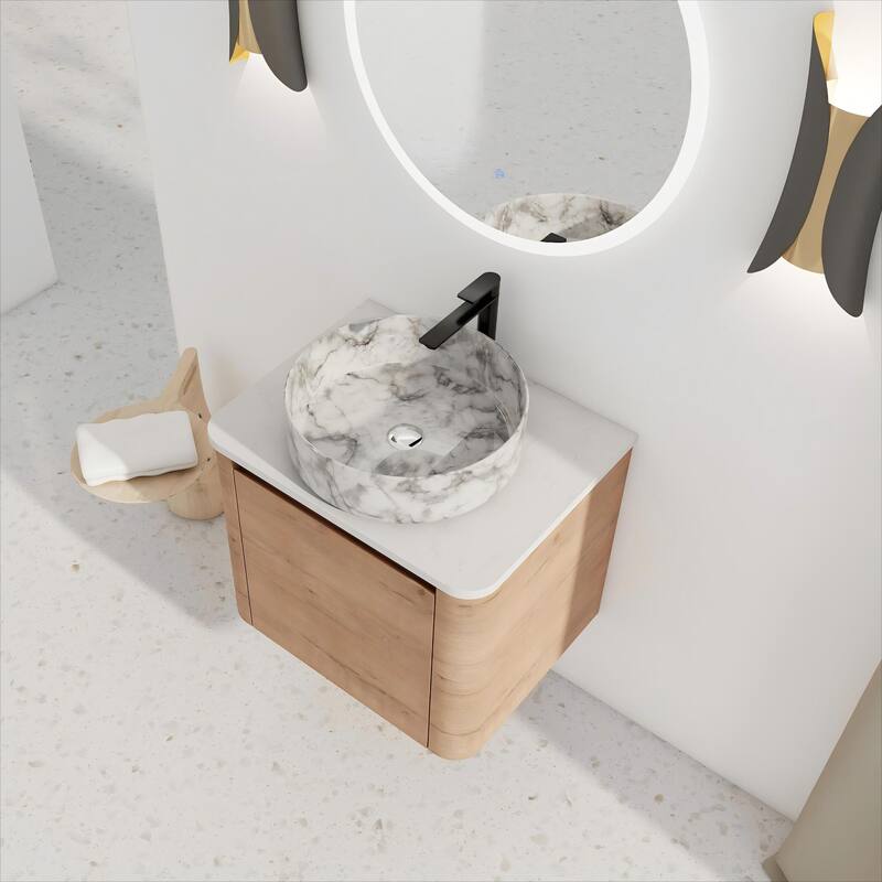 24'' Wall-Mounted Bathroom Vanity With Ceramic Art Sink & 1-Soft-Close Door,KD-Packing, Plywood - Off-White