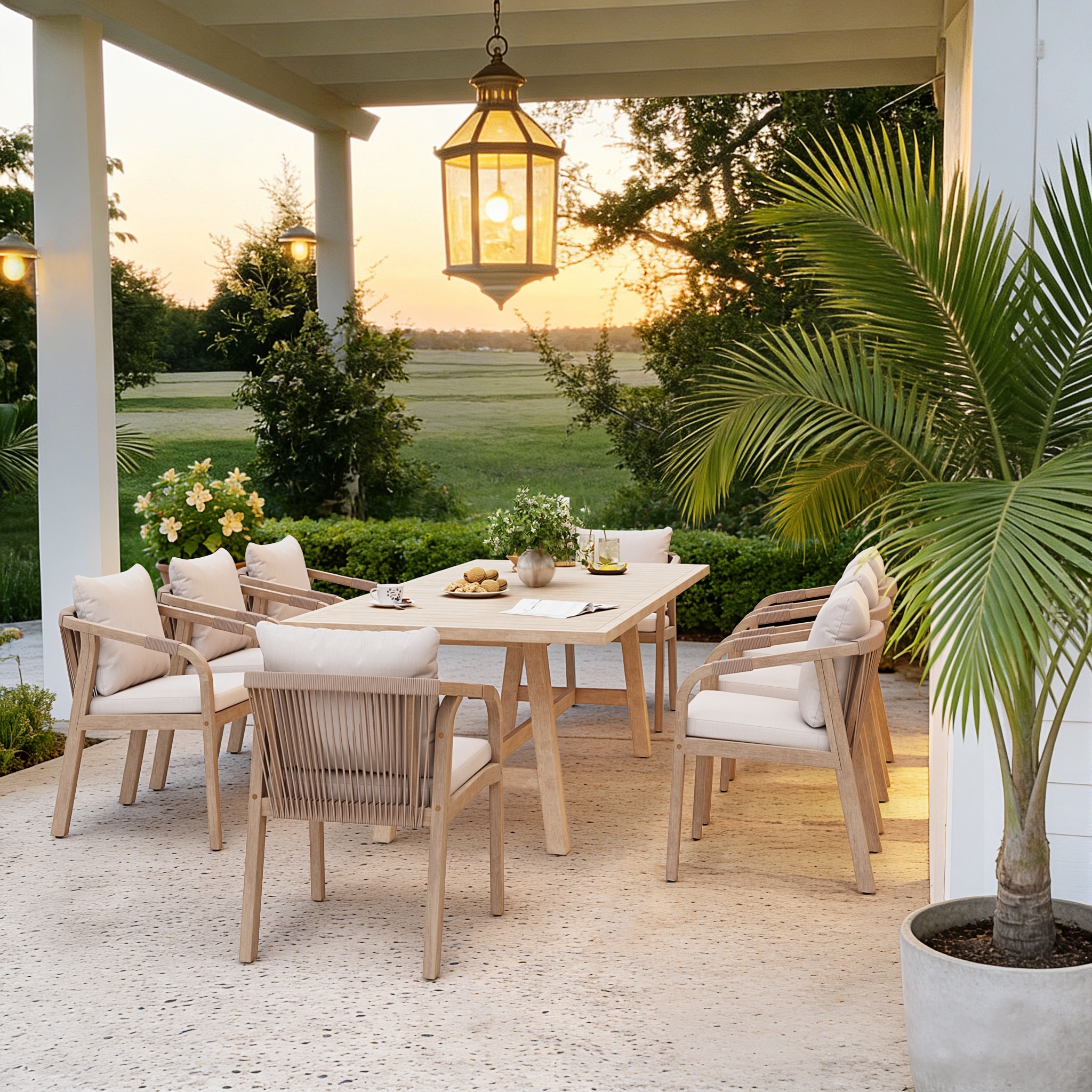 9-Piece Outdoor Dining Set Acacia Wood Rope-Woven Arm Chairs with Cushions and Dining Table with H-Shaped Leg