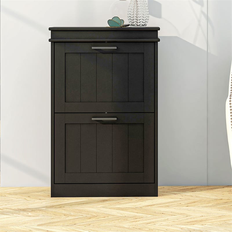 Narrow Shoe Storage Cabinet with 2 Flip Drawers and Adjustable Shelves - Black