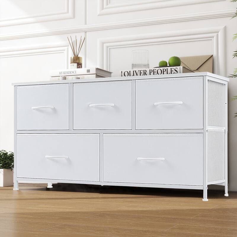 Modern 5-Drawer Chest of Drawers with Fabric Bin, Steel Frame, Wood Top for Bedroom, Entryway
