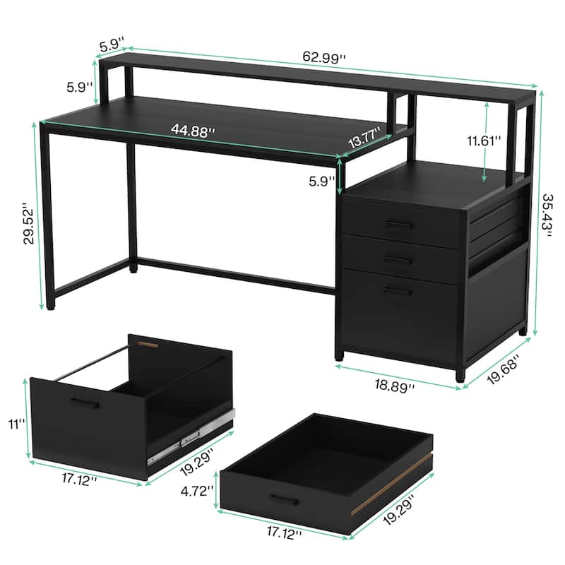 63 Inch Computer Desk with 3 Drawers, Modern Office Table with Monitor Stand and Printer Space for Home Office