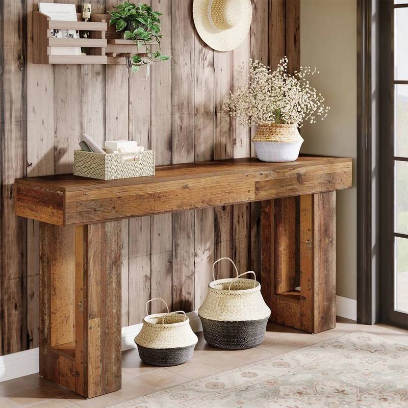 63 Inch Modern Rustic Entryway Console Table with Wood Finish and Legs for Hallway or Living Room - 63”L x 3.77”W x 33.46”H - Distressed Wood