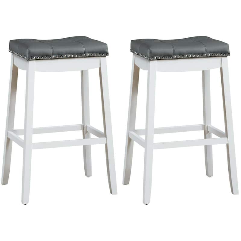 29"Set of 2 Nailhead Saddle Bar Stools - 19.5" x 14" x 29"(L x W x H) - White