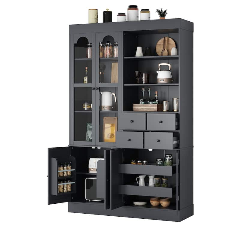 47.2x15.7x75inch Freestanding Buffet with Hutch, Tall Kitchen Pantry Cabinet with 4 Drawers, Door Shelves and Pull-out Trays