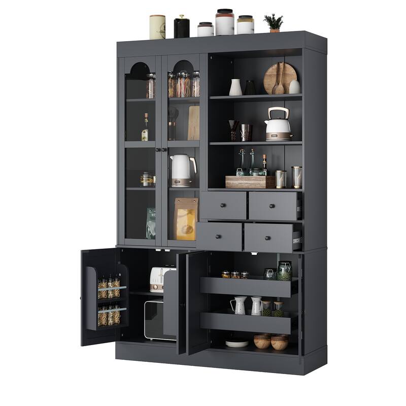 75" Freestanding Buffet with Hutch, Kitchen Pantry Cabinet with 4 Drawers, Door Shelves & Pull-Out Trays, Wood Storage Cupboard