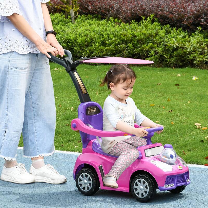 Qaba Push Car for Kids 1-3 Years, 3-in-1 Ride-On Sliding Car with Music, Horn, and Removable Handle