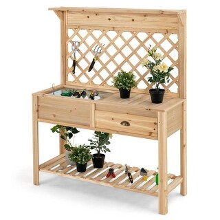Farmhouse Outdoor Garden Wooden Potting Bench with Storage Drawer and ...