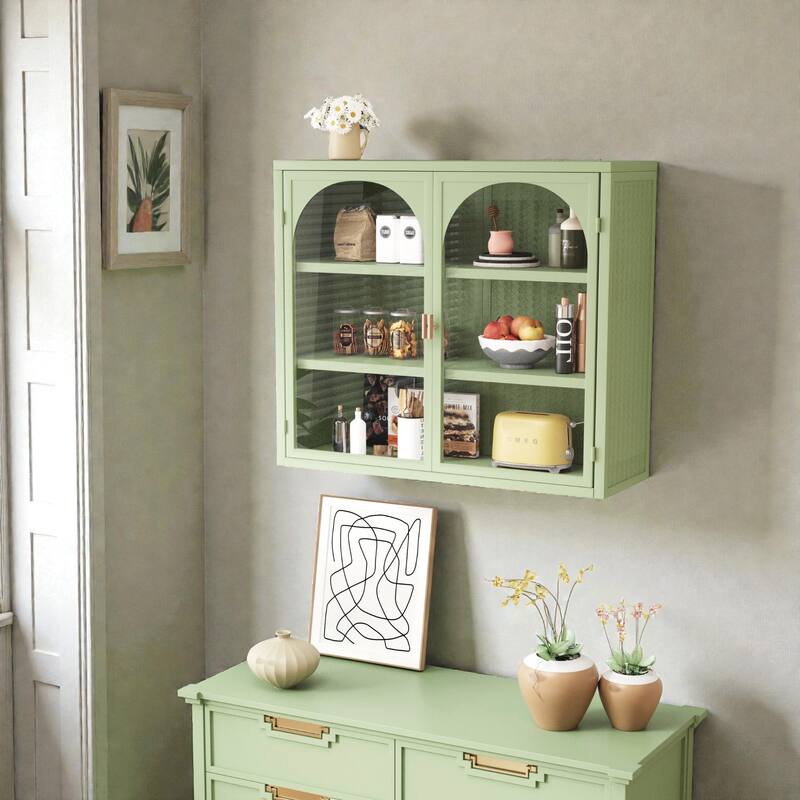 27.56" Modern Glass Door Wall Cabinet with Woven Pattern, 3-Tier Storage Iron and Tempered Glass Cabinet