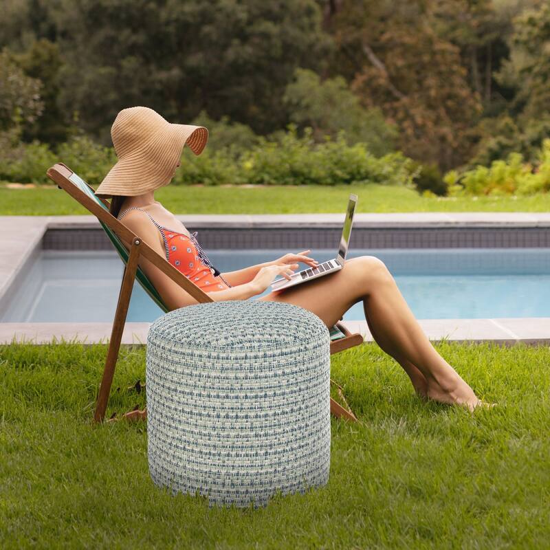 20" Blue and Green Interwoven Coastal Round Outdoor Patio Pouf Ottoman