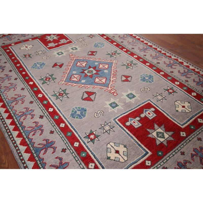 Hand Knotted Oriental 100% Wool Carpet Traditional Geometric Greys & Charcoal Kazak Area Rug - 6' 0'' X 4' 2''
