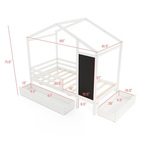 dimension image slide 1 of 3, Kids House-Shaped Twin Size Bed with 2 Large Drawers with Blackboard