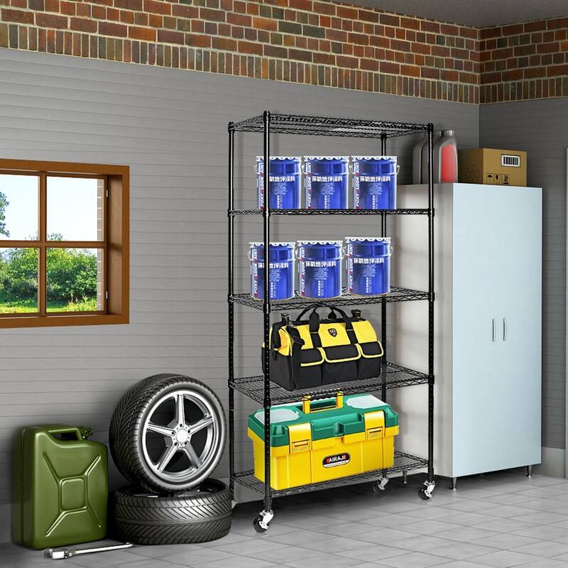 5-Tier Wire Shelving Rack 35.43" x 17.72" x 70.87" Includes Wheels NSF Black