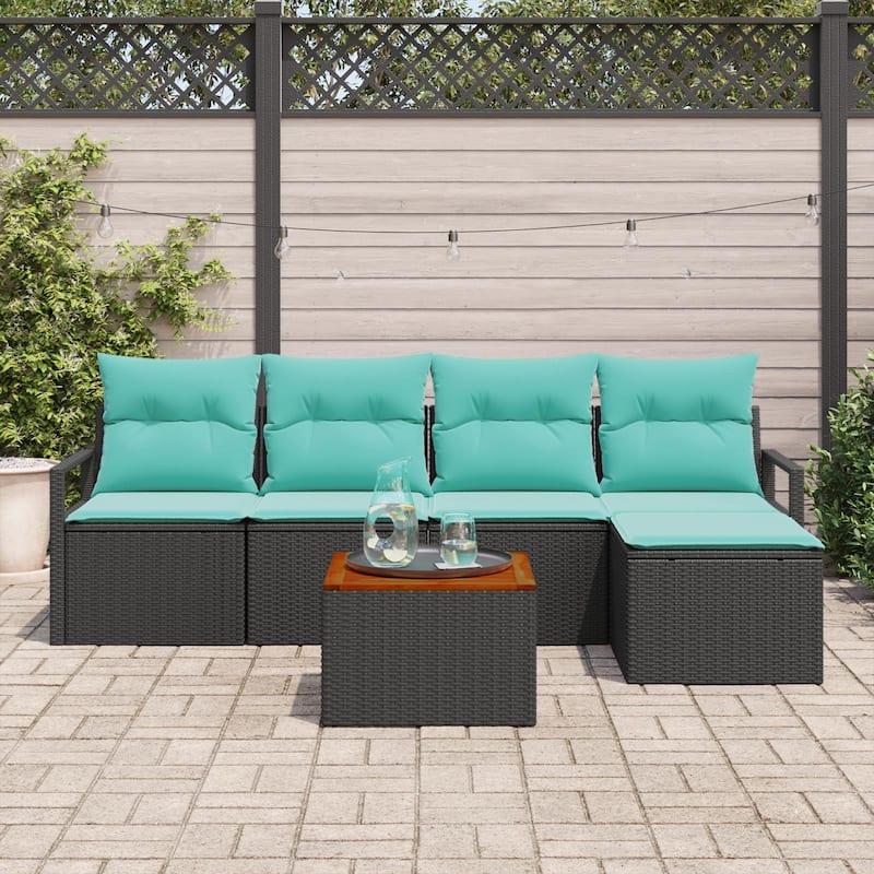 vidaXL 6 Garden Sofa Set with Cushions Black/Grey Poly Rattan - 90.6 x 24.4 x 27.2
