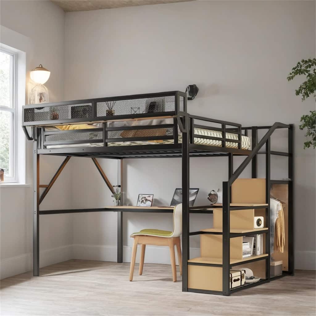 Queen Size Loft Bed with Desk,Charging Station,Stairs and Light