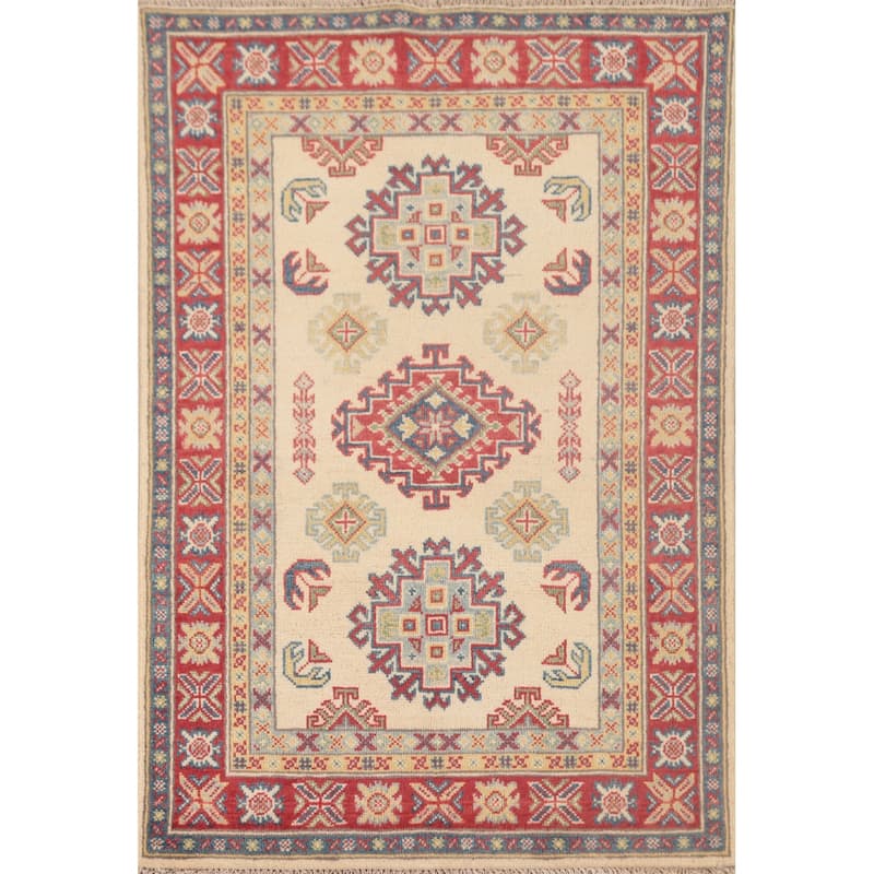 Geometric Kazak Foyer Rug Hand-Knotted Oriental Wool Carpet - 2'9" x 4'3"