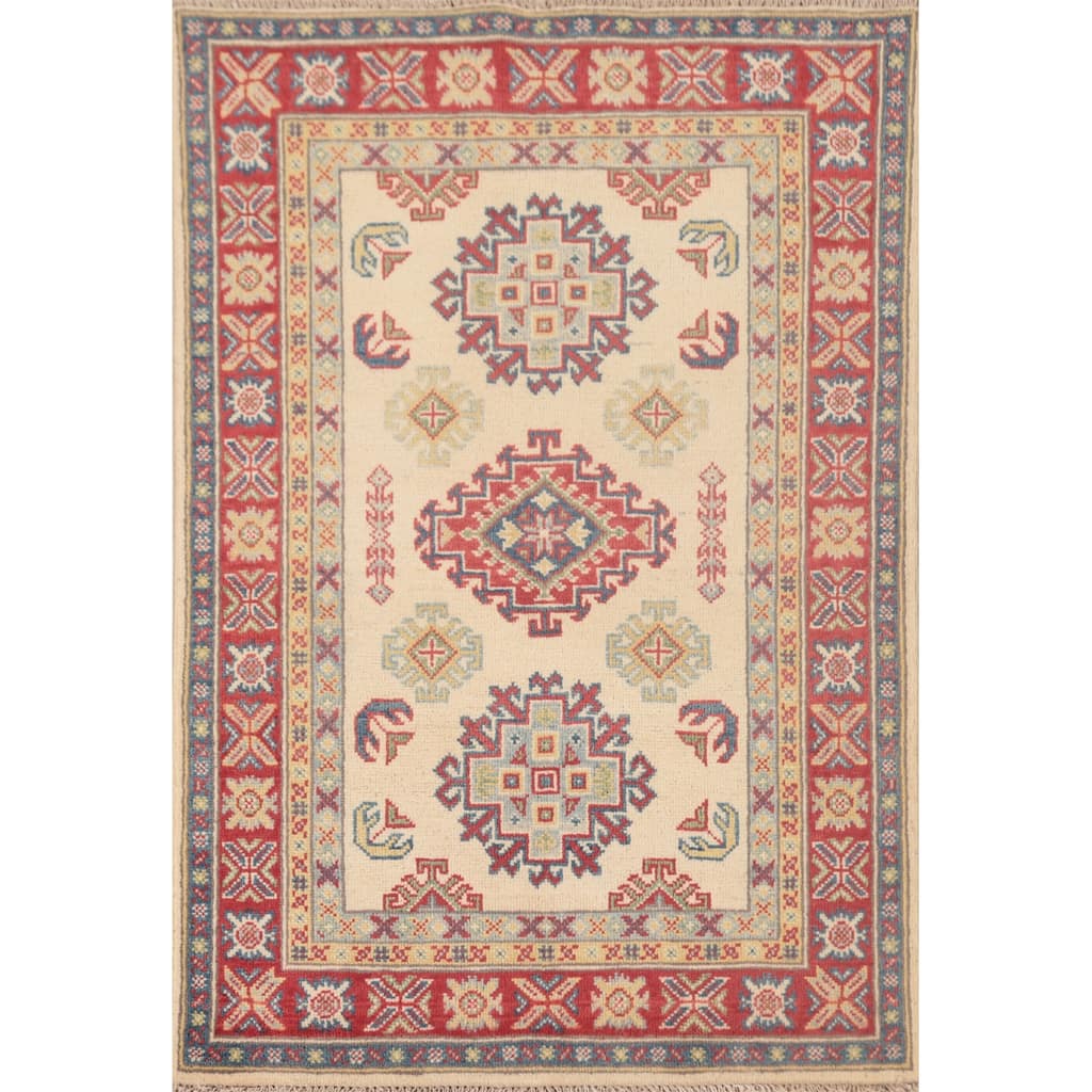 Geometric Kazak Foyer Rug Hand-Knotted Oriental Wool Carpet - 2'9" x 4'3"
