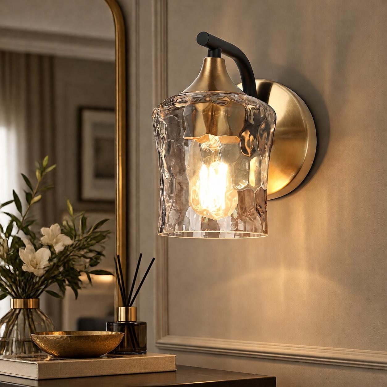 Modern 1-Light Black Gold Wall Sconce Glass Vanity Lights for Bathroom