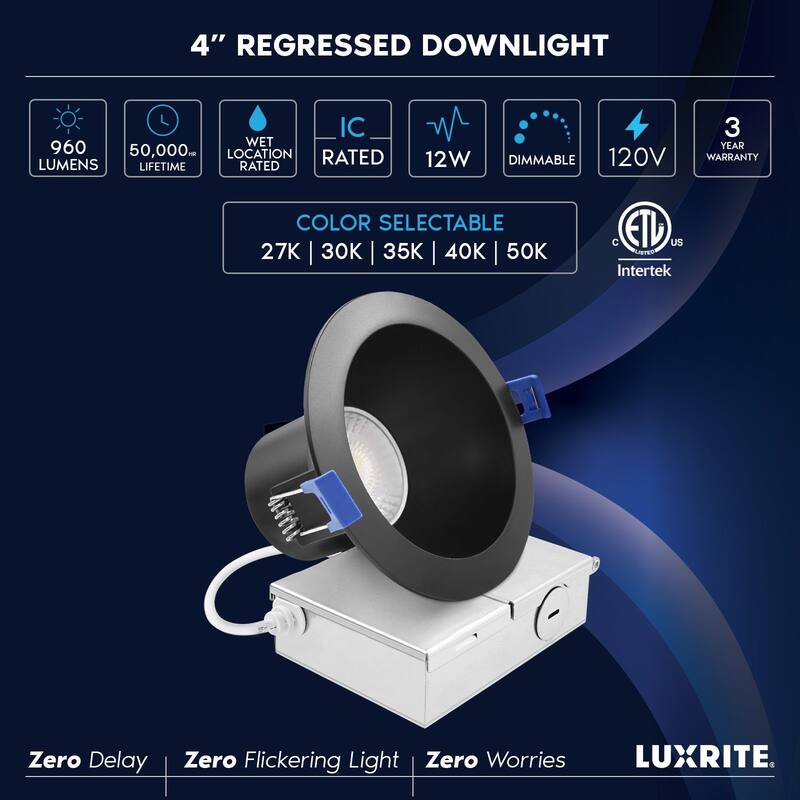 Luxrite 4 in. LED Recessed Ceiling Light J-Box 12W 5CCT 960 Lumens Wet Rated IC Rated ETL Black