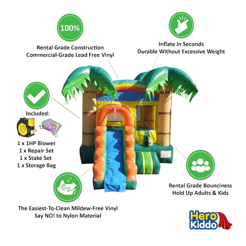 HeroKiddo Tropical Breeze Commercial Grade Inflatable Bounce House & Water Slide Combo w/ Air Blower, Lightweight, Outdoor Fun
