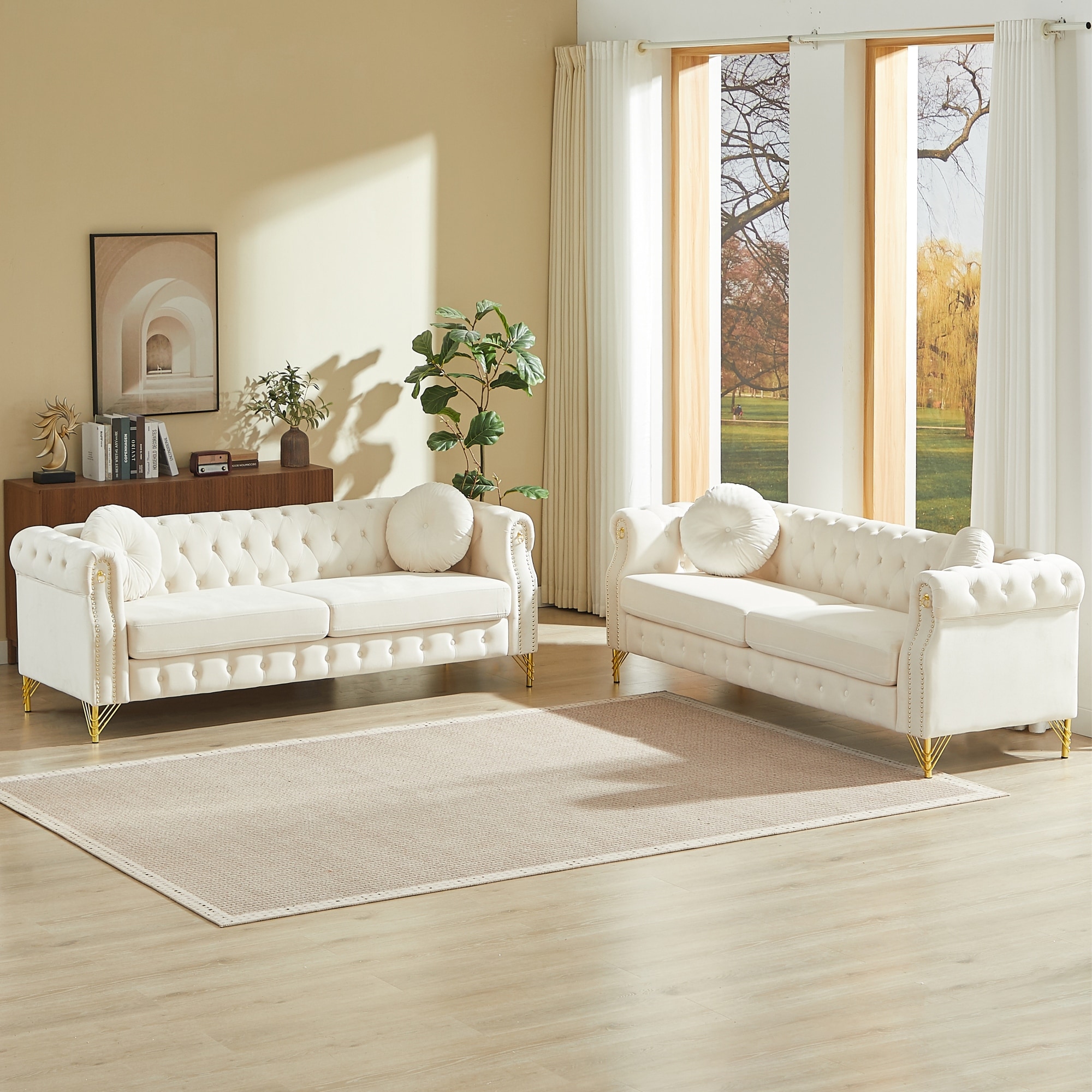 Roomfitters 2-Piece Chesterfield Sofa Set, Two 3-Seater Upholstered Couches with Rolled Arms and Nailhead Trim