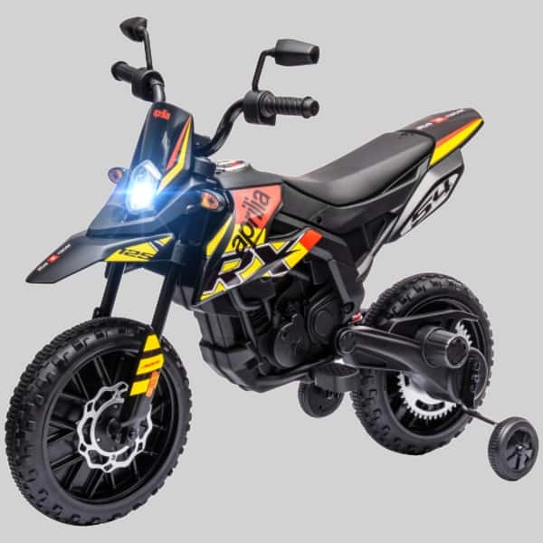 slide 2 of 2, 12V Battery Powered Kids Motorcycle with Aprilia License, Training Wheels, Spring Suspension, LED Light & USB Music Port Yellow
