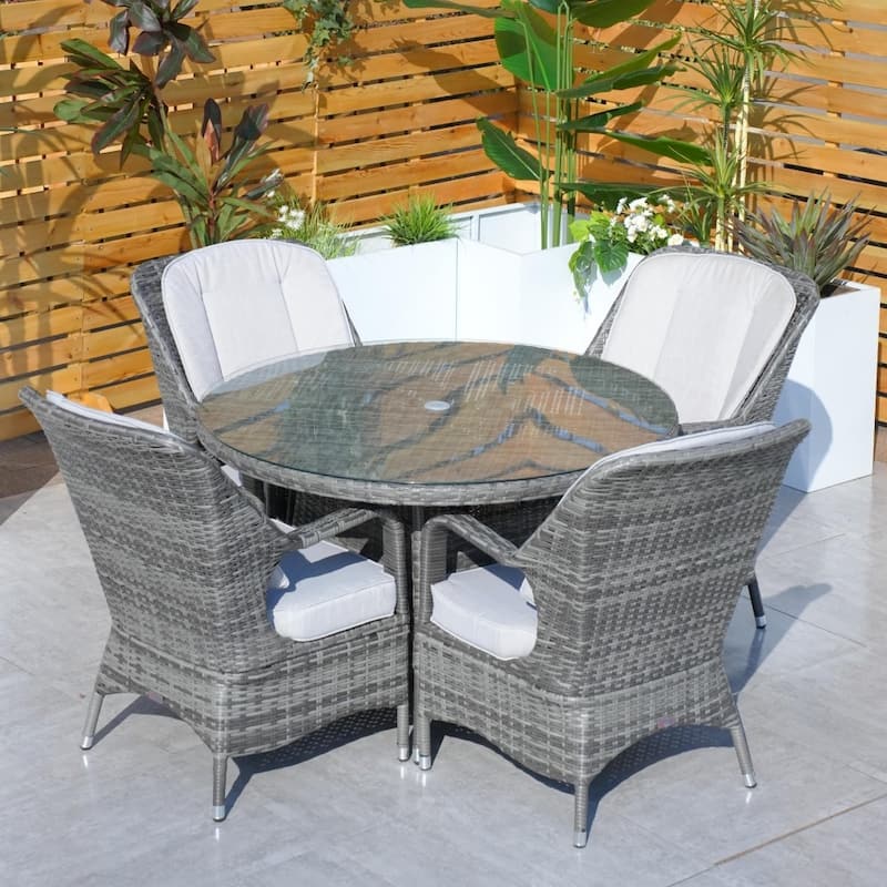 Outdoor 5-piece Aluminum Dining Set with Round Glass Table and 4 Wicker Chairs - Grey