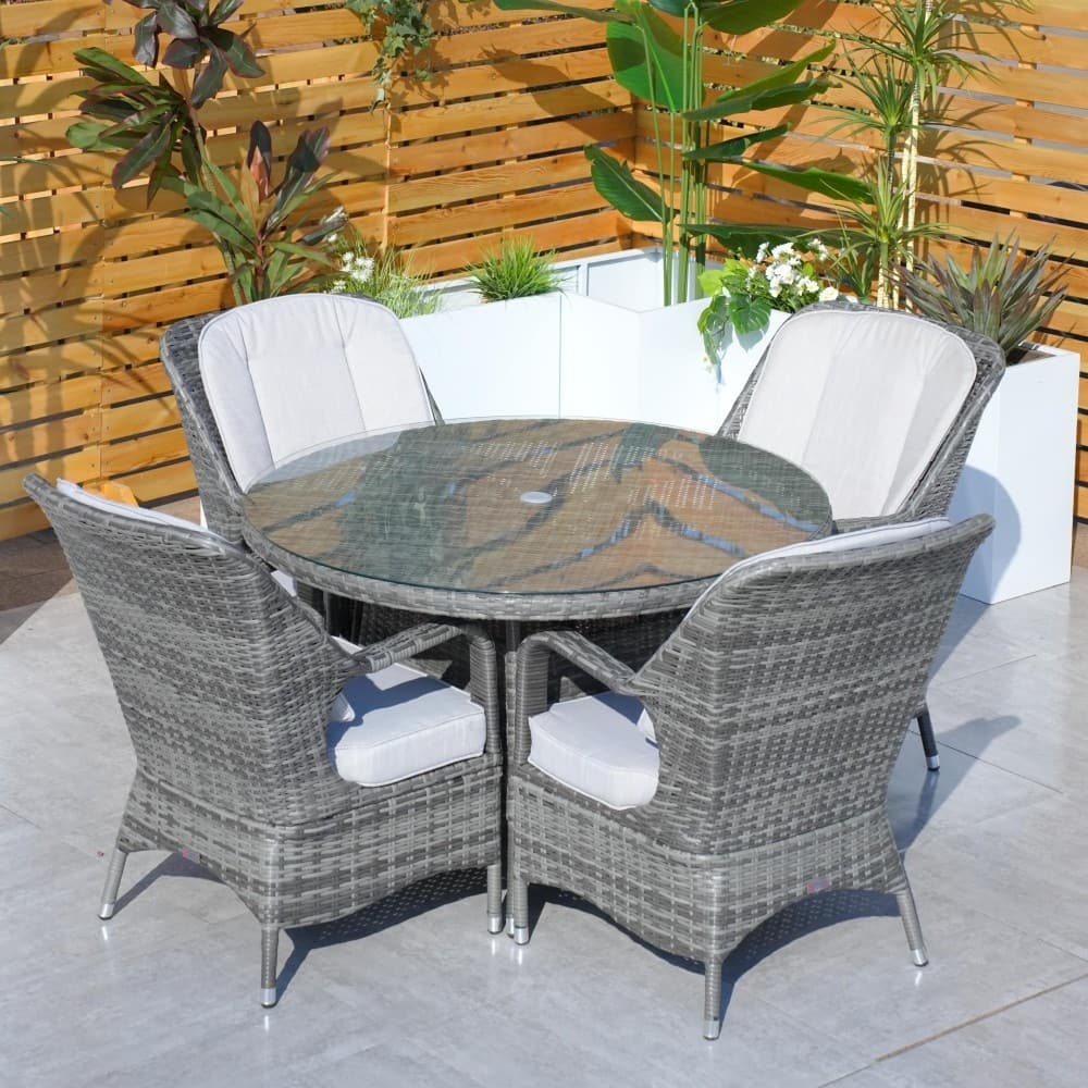 Outdoor 5-piece Aluminum Dining Set with Round Glass Table and 4 Wicker Chairs