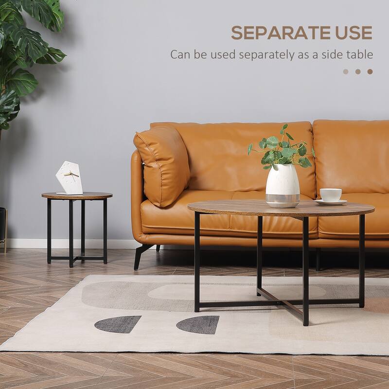 Round Coffee Table Set of 2, Industrial Living Room Tables with Metal Frame, Circle Coffee Tables for Living Room