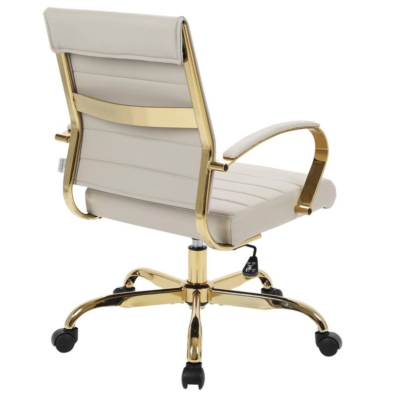 Benmar Mid-Back Leather Office Desk Chair in Gold Stainless Steel Frame Adjustable Height Tilt Lock 360 Swivel Ergonomic Chair