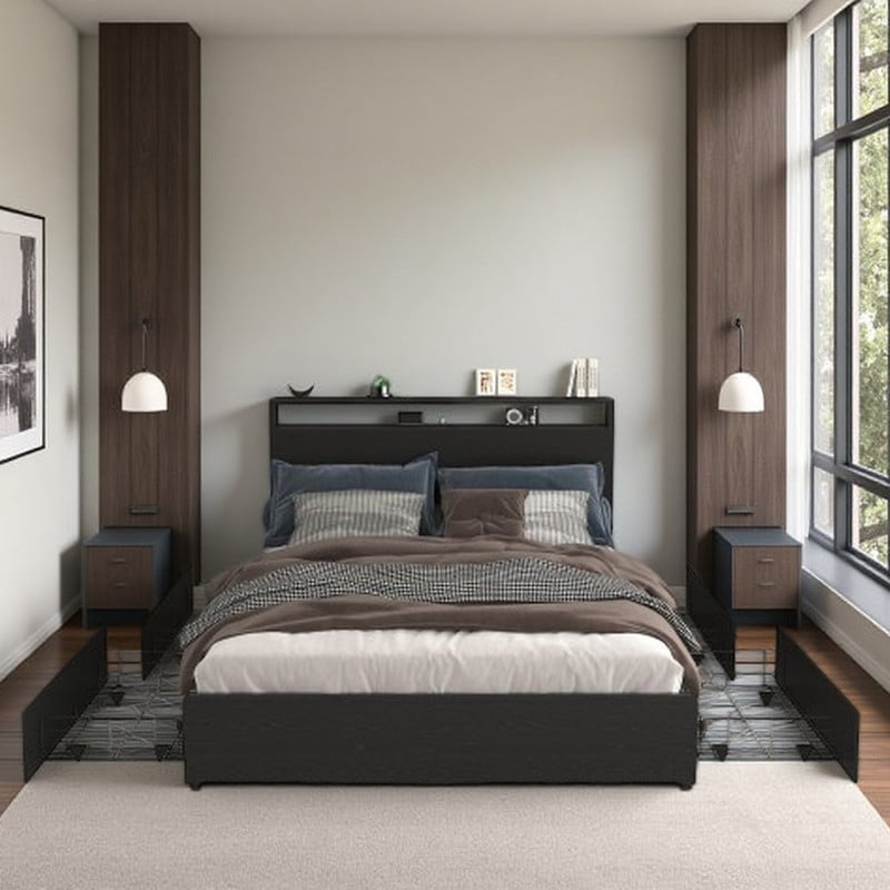 Full Size Platform Bed with Storage Headboard, USB & Type-C Charging Ports, 4 Drawers, LED Lighting & Sturdy Metal Frame