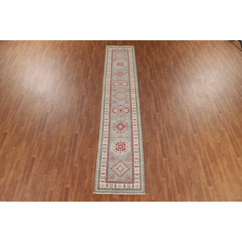 Light Blue Kazak Runner Rug Hand-Knotted Geometric Wool Carpet - 2'7" x 13'1"