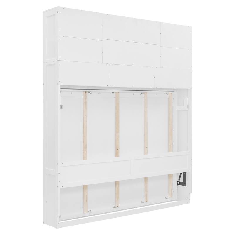 Queen Size Hydraulic Lift Wall Murphy Bed Frame with Diamond Stripes, Large Storage Murphy Bed Cabinet with Top Shelves