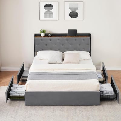 Bed Frame with Storage Headboard and Charging Station