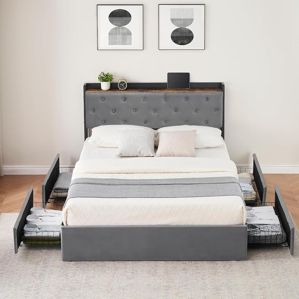 Bed Frame with Storage Headboard and Charging Station