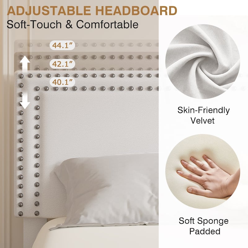 VECELO Upholstered Storage Bed Frames with 4 Storage Drawers Platform Bed Frame with Adjustable Velvet Rivets Headboard