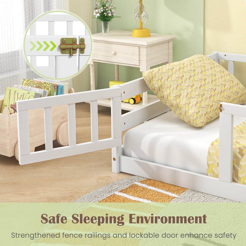 Costway Twin Size Floor Bed with Door & Fence with Safety Guardrails &