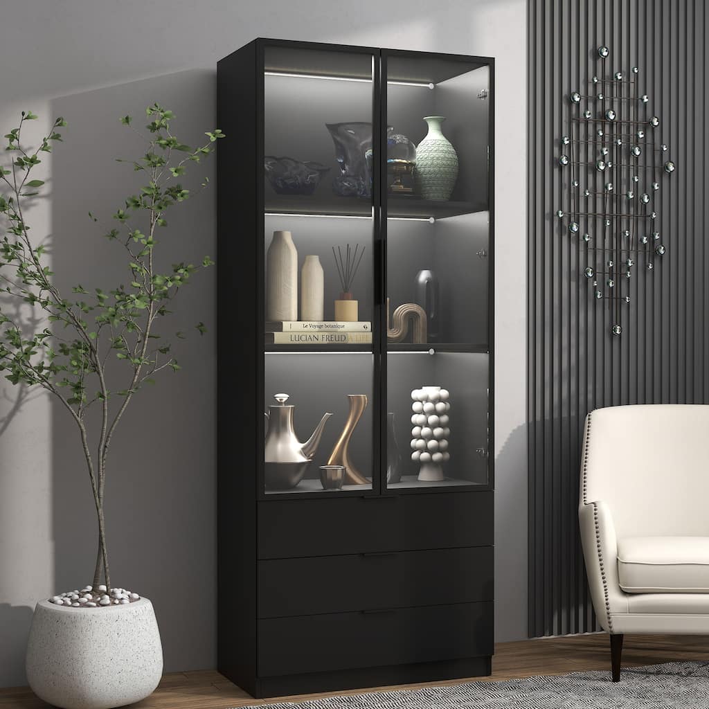 79"Hx31.5"W Lighted Display Cabinet with Glass Doors Bookcase