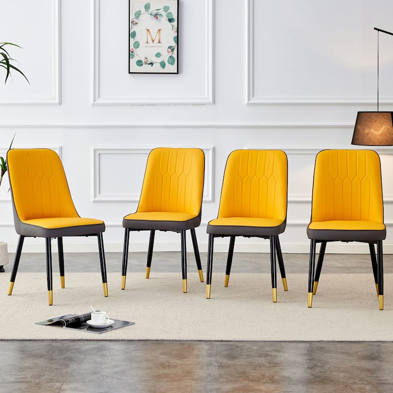 Modern Faux Leather Dining Chair Set of 4, Upholstered Kitchen Side Chair with Metal Legs Armless Chair for Living Room - Yellow+Grey