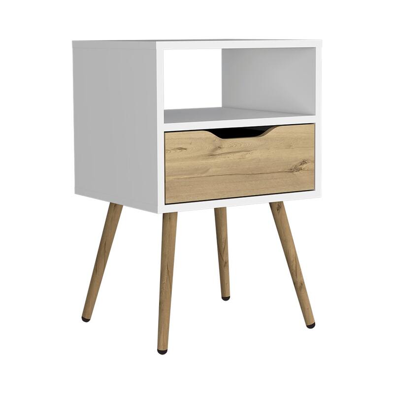 White & Light Oak Nightstand with Open Shelf and Single Drawer