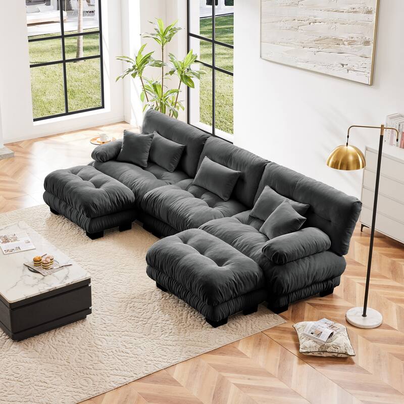 133.8" Chenille U-Shaped Cloud Sectional Sofa (3-Seater Modular) with 2 Ottomans - Gray