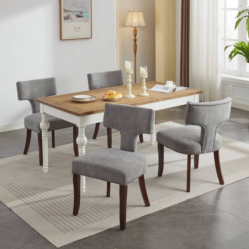 Modern Dining Chairs Set of 2, Linen Fabric Upholstered Accent Chair Curved Backrest with Copper Nails Around