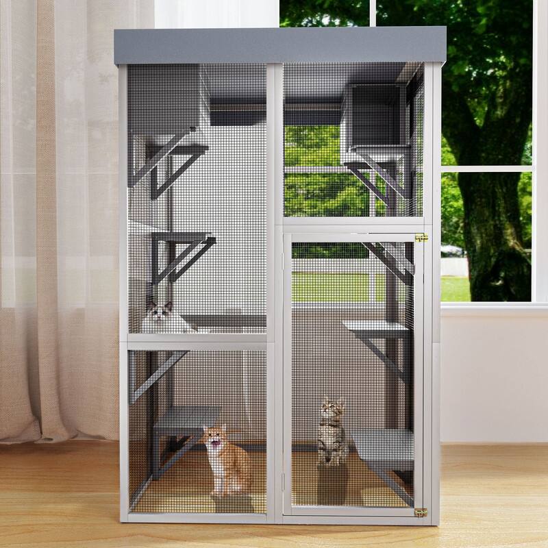 70.5"H Wood Catio Outdoor Cat Enclosure, Cat House Large Solid Wood Cage Playpen with 2 Napping Houses, Movable Tarp Cover