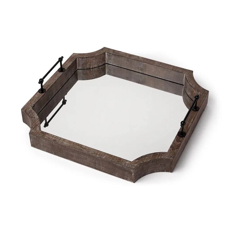 HomeRoots 23" Brown Hexagonal Wood and Mirrored Glass Serving Tray With Handles
