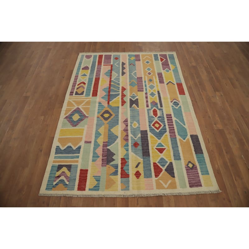 Hand Woven Oriental 100% Wool Carpet Southwestern Tribal Multi-Colored Kilim Area Rug - 6' 2'' X 4' 5''